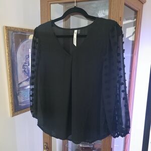 Elegant Black Sheer Sleeve Top With Pom Polka Dots